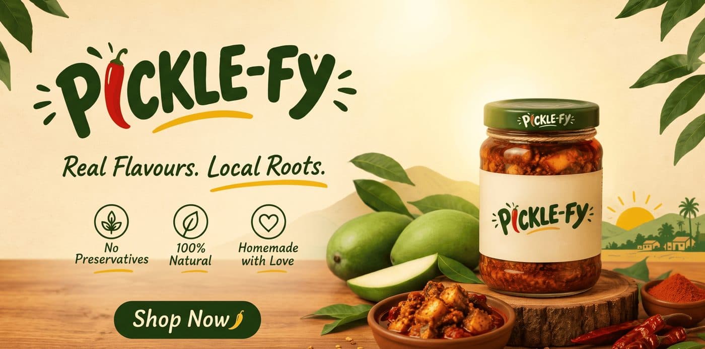 Pickle-Fy: Real Flavours. Local Roots. A jar of homemade mango pickle beside raw mangoes